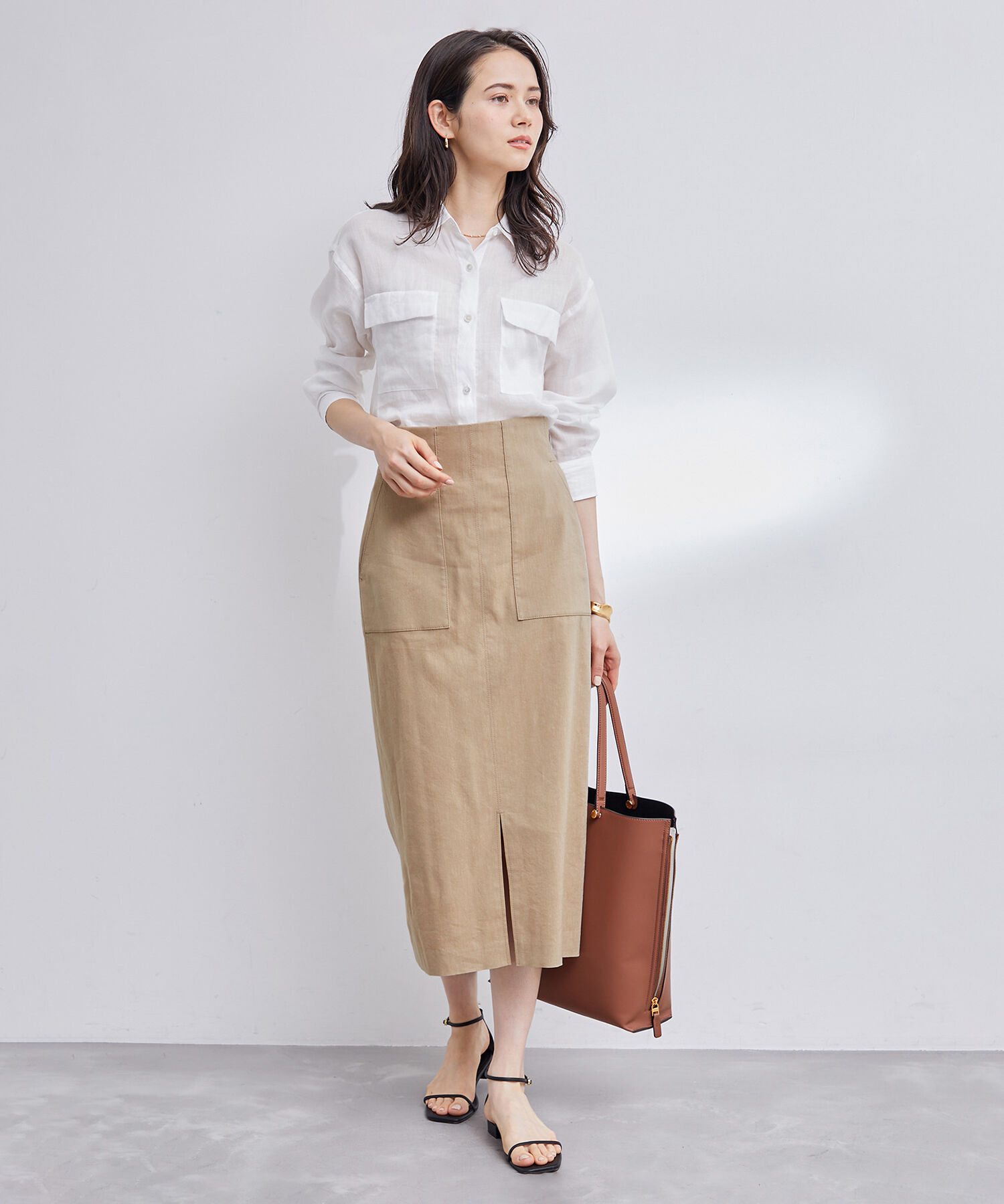 ROPE「【洗える】【新色追加】コットンリネンポケット付きタイトスカート」|スカート|