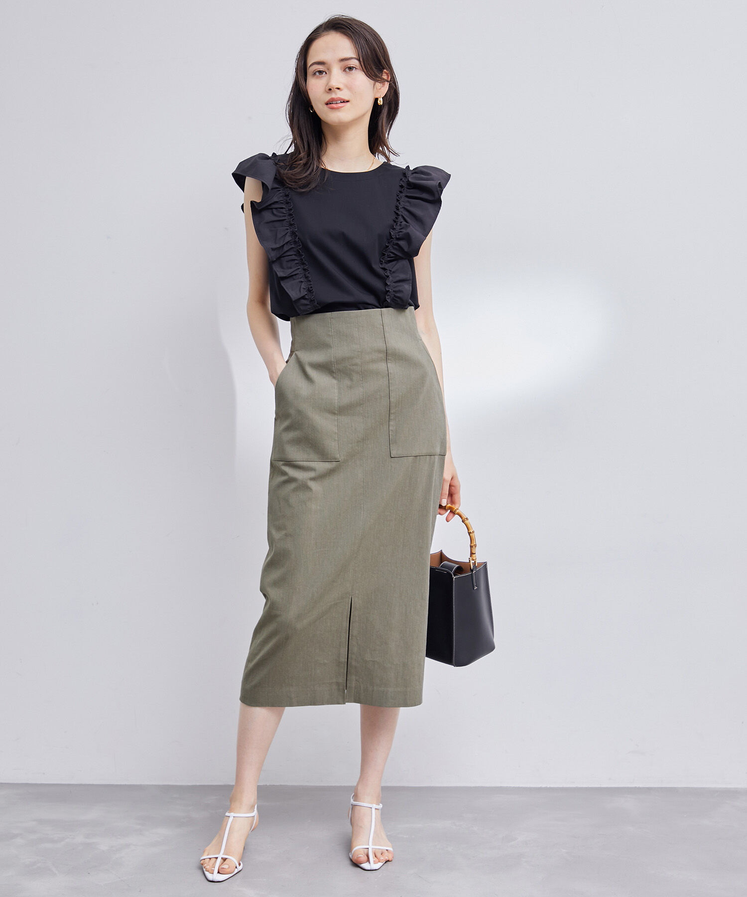 ROPE「【洗える】【新色追加】コットンリネンポケット付きタイトスカート」|スカート|