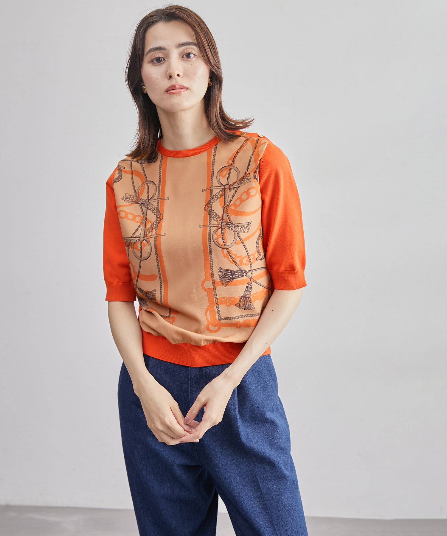 ROPE「ヴィンテージスカーフ柄ニット」|ニット・セーター|オレンジ系(72)