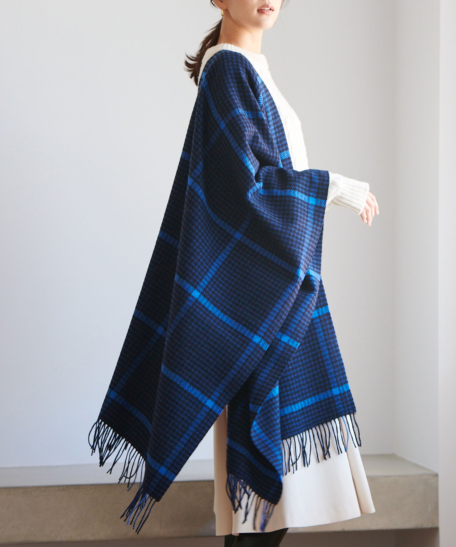 ROPE「カシミヤブレンド パターンストール（千鳥格子/グレンチェック）」|ストール|ブルー系(45)