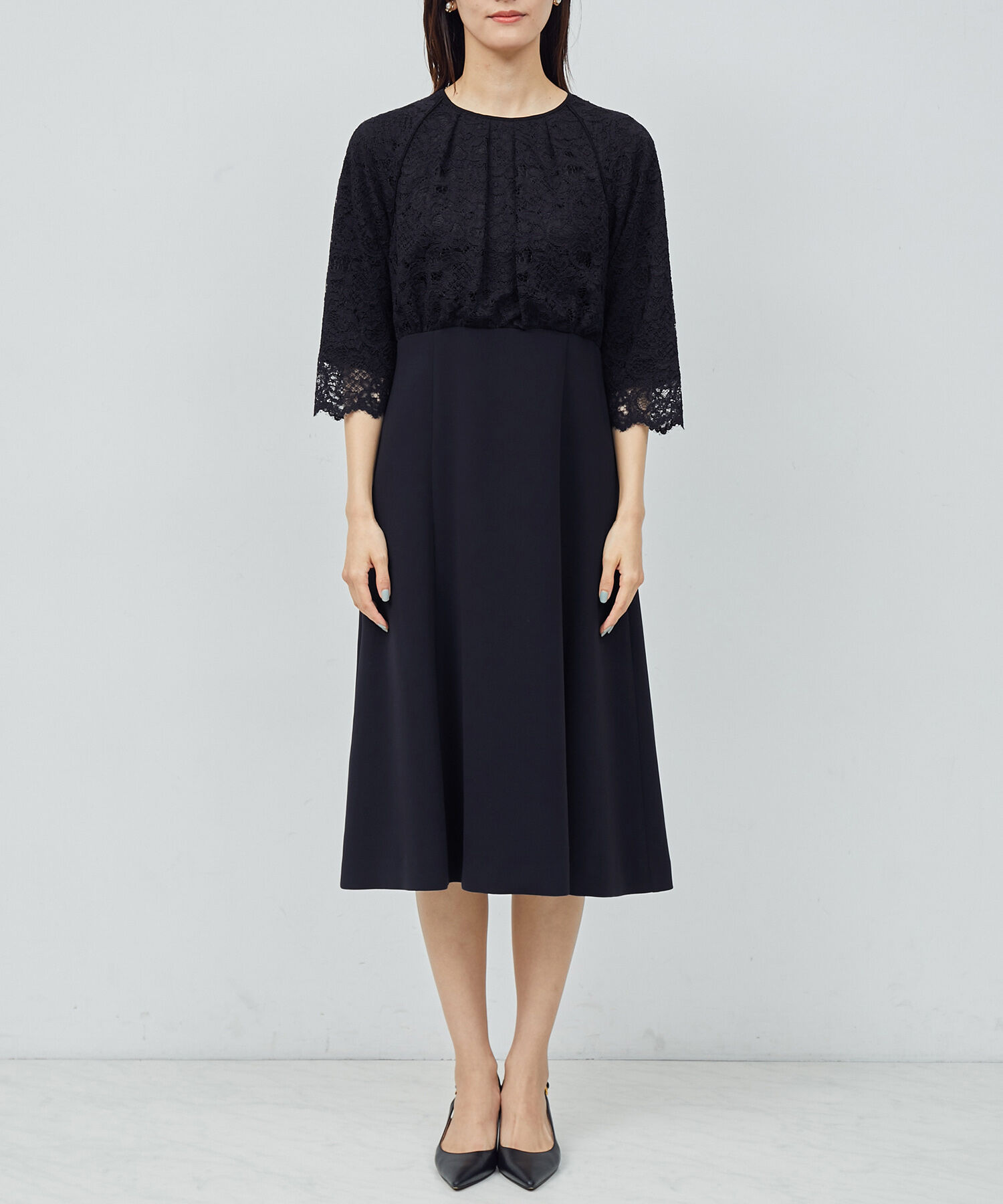 ROPE「【セレモニー対応】レース切り替え トリアセテートワンピース」|ワンピース|