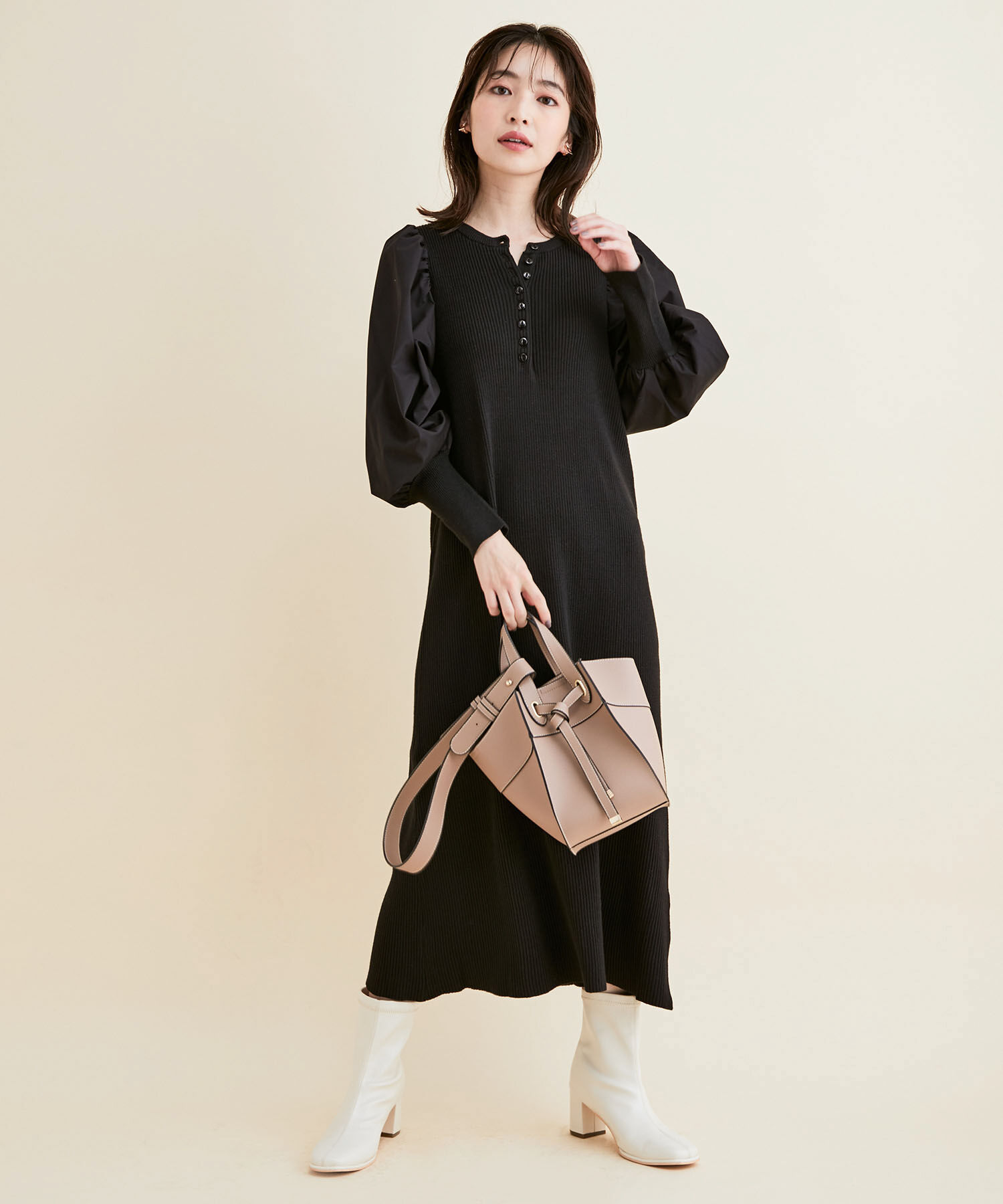 VIS「＜追加＞【一部カラー公式サイト・直営店舗限定】ボリュームスリーブ釦アクセントAラインニットワンピース」|ワンピース|