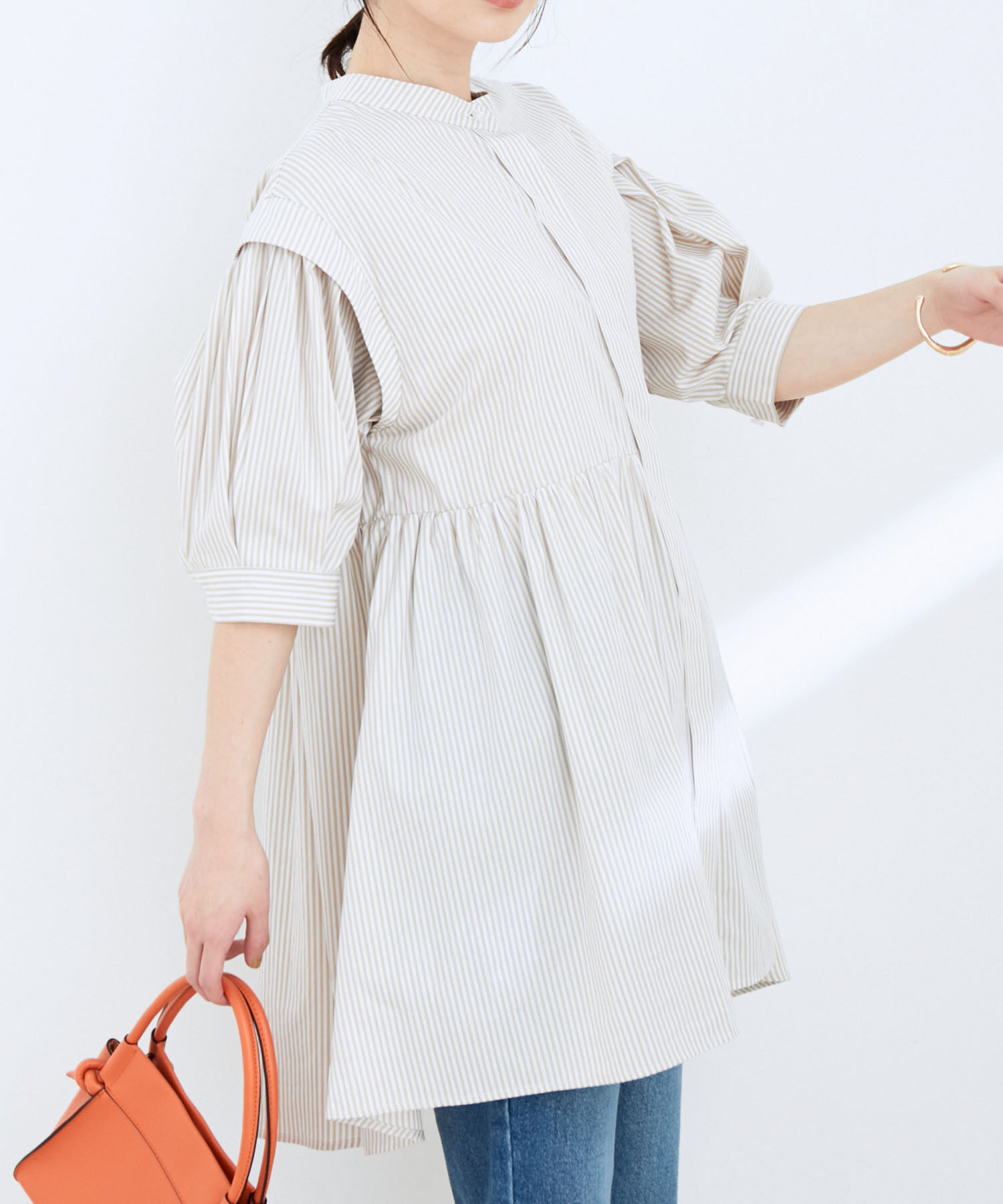 VIS「ストライプ/無地タイプライターチュニックブラウス」|シャツ・ブラウス|