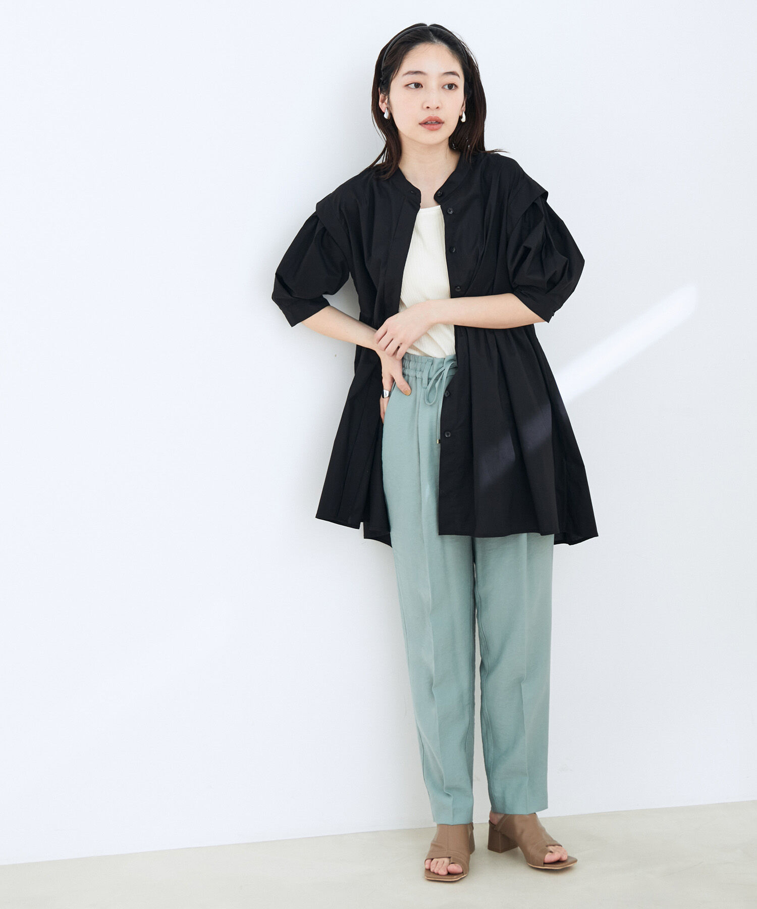 VIS「ストライプ/無地タイプライターチュニックブラウス」|シャツ・ブラウス|