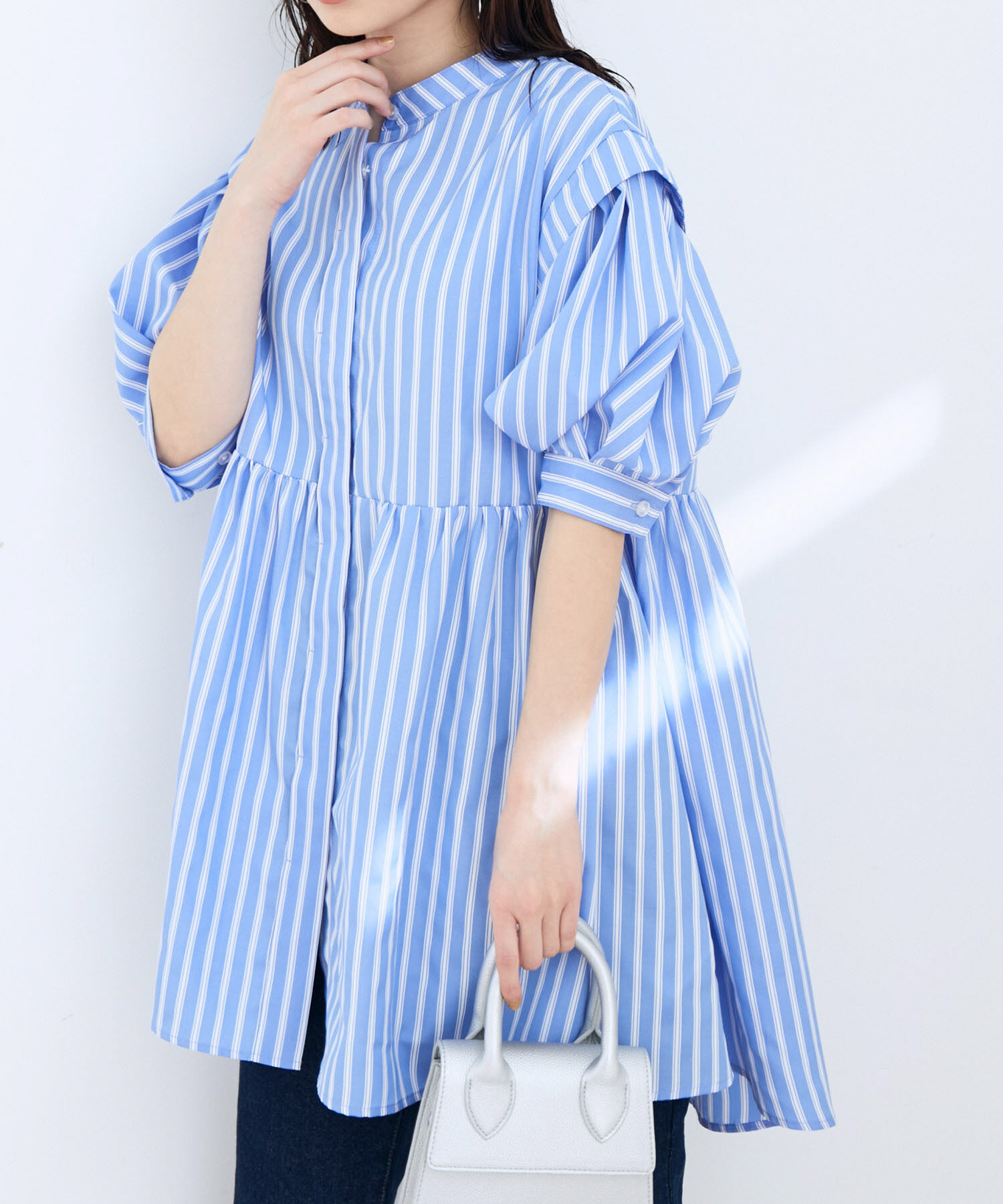 VIS「ストライプ/無地タイプライターチュニックブラウス」|シャツ・ブラウス|