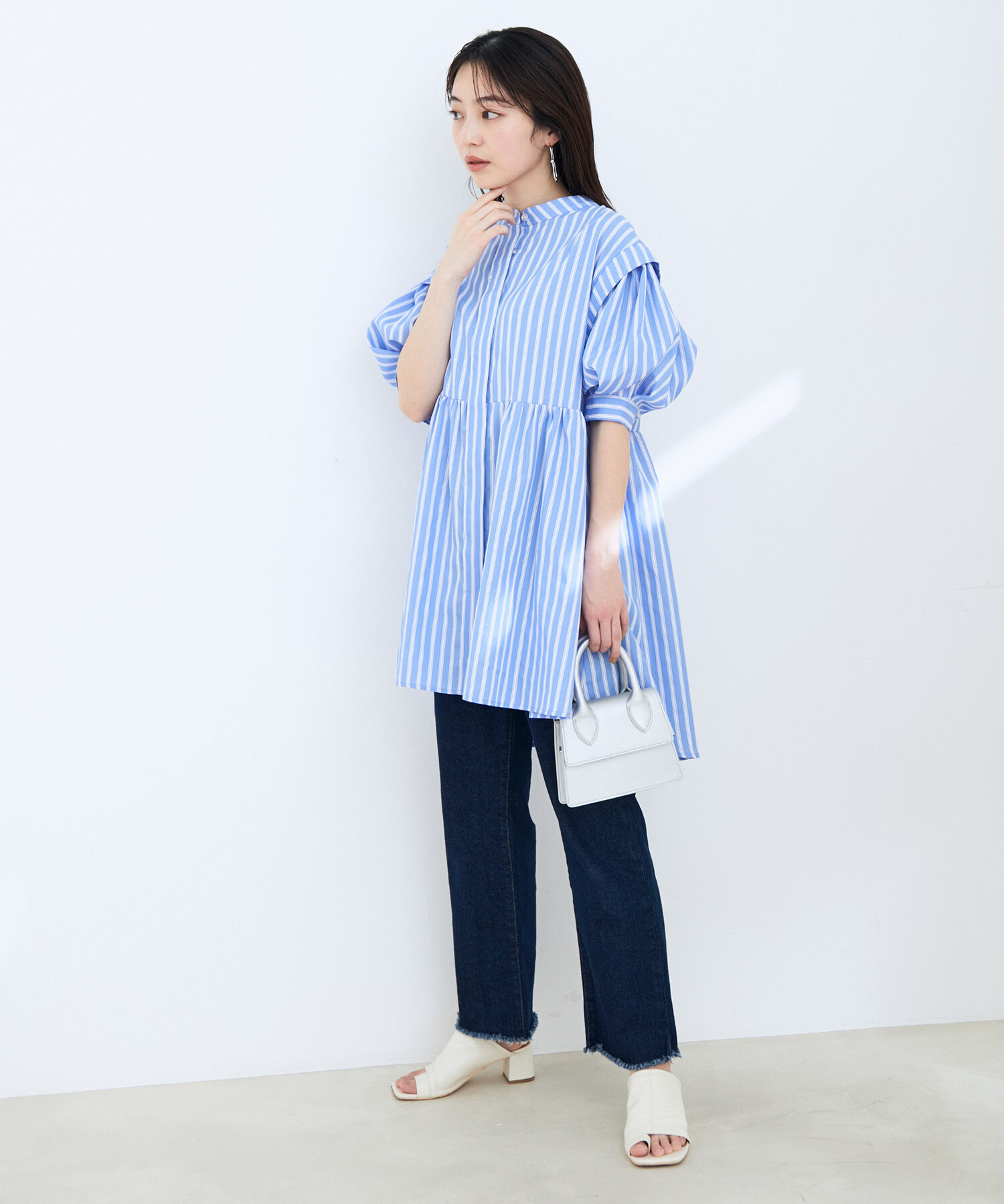 VIS「ストライプ/無地タイプライターチュニックブラウス」|シャツ・ブラウス|