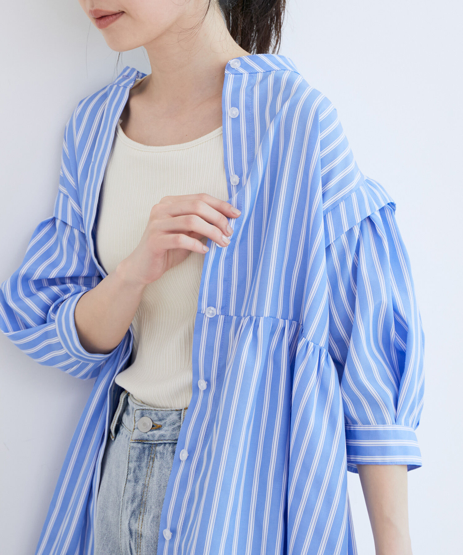VIS「ストライプ/無地タイプライターチュニックブラウス」|シャツ・ブラウス|