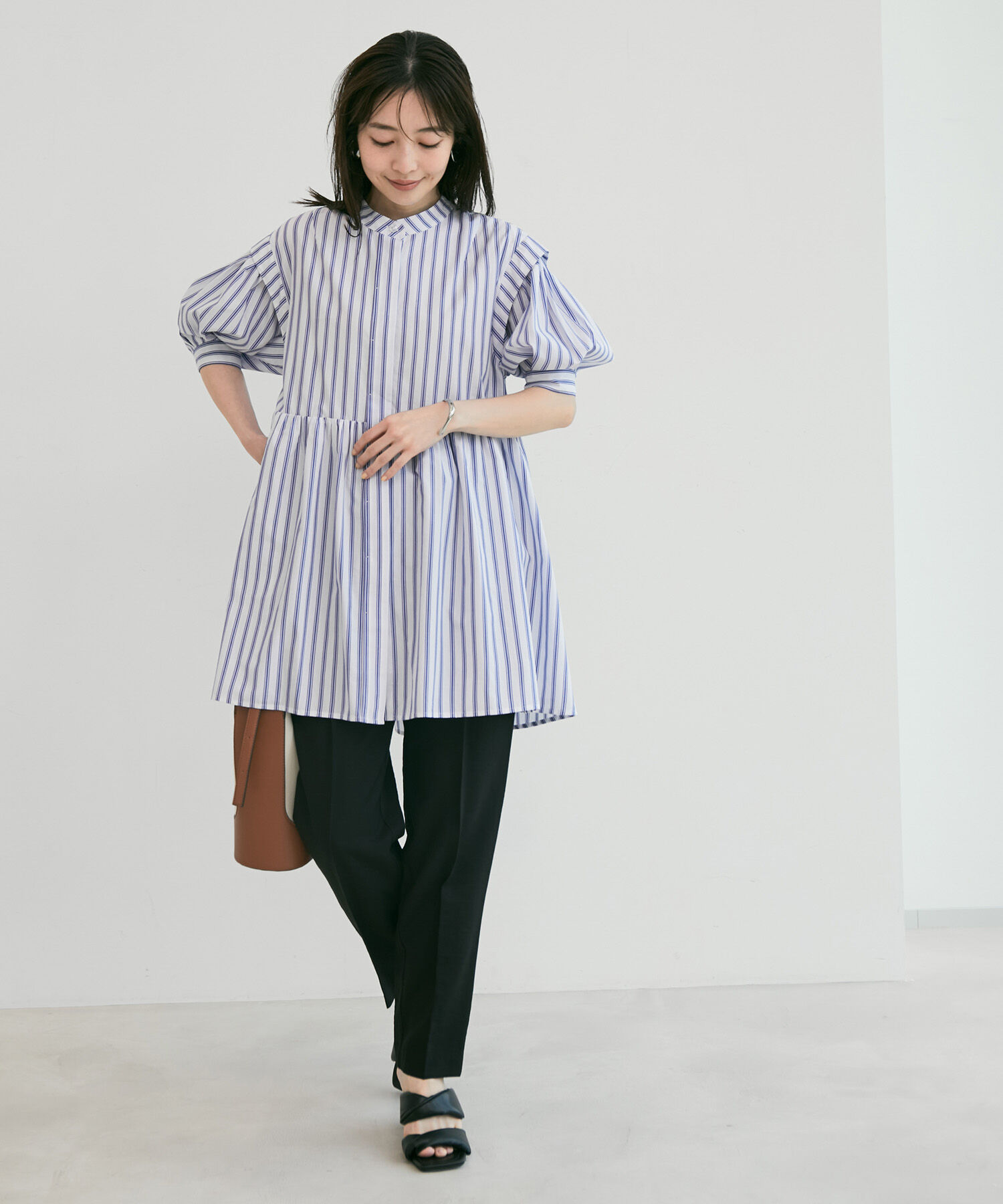 VIS「ストライプ/無地タイプライターチュニックブラウス」|シャツ・ブラウス|