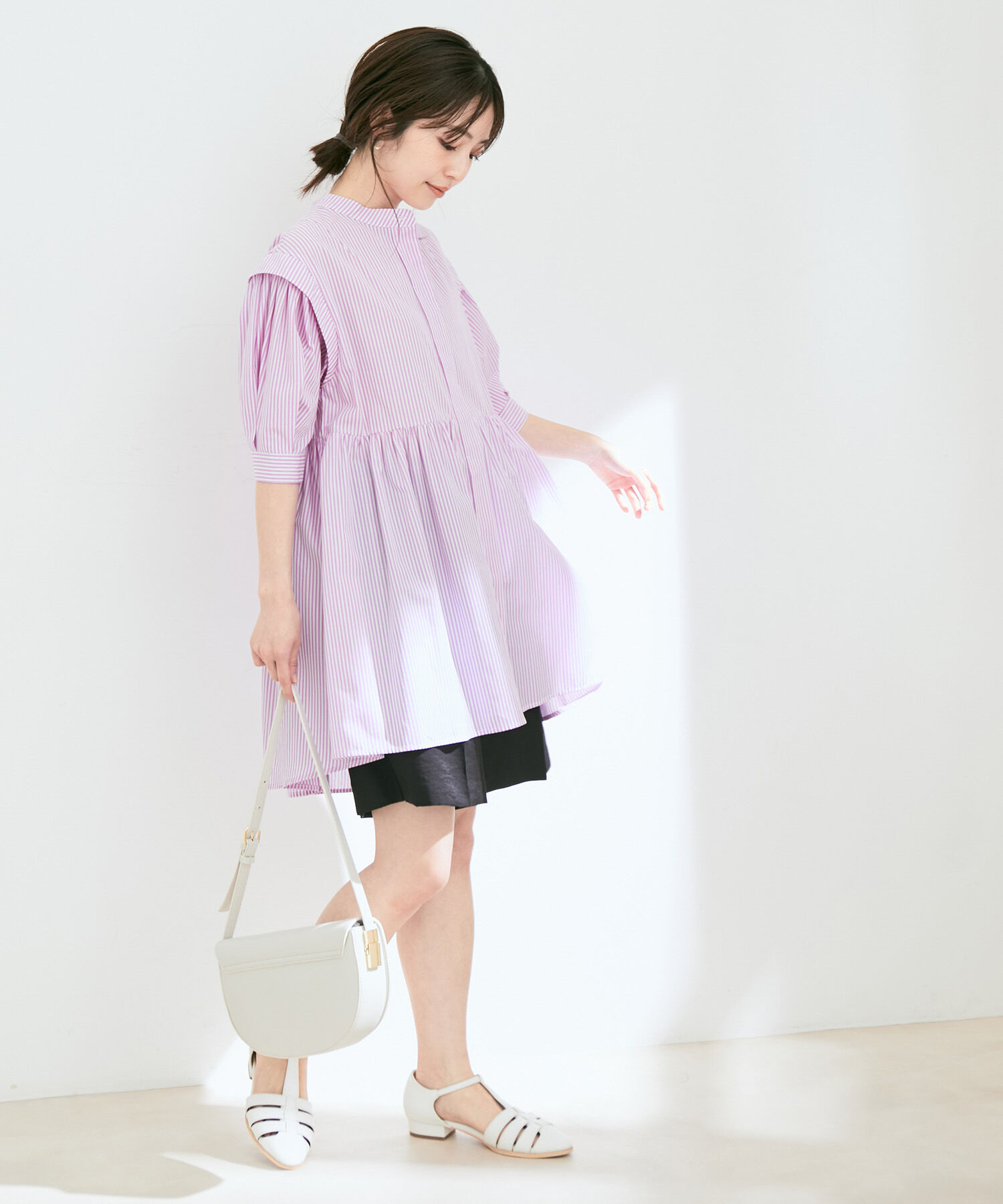 VIS「ストライプ/無地タイプライターチュニックブラウス」|シャツ・ブラウス|