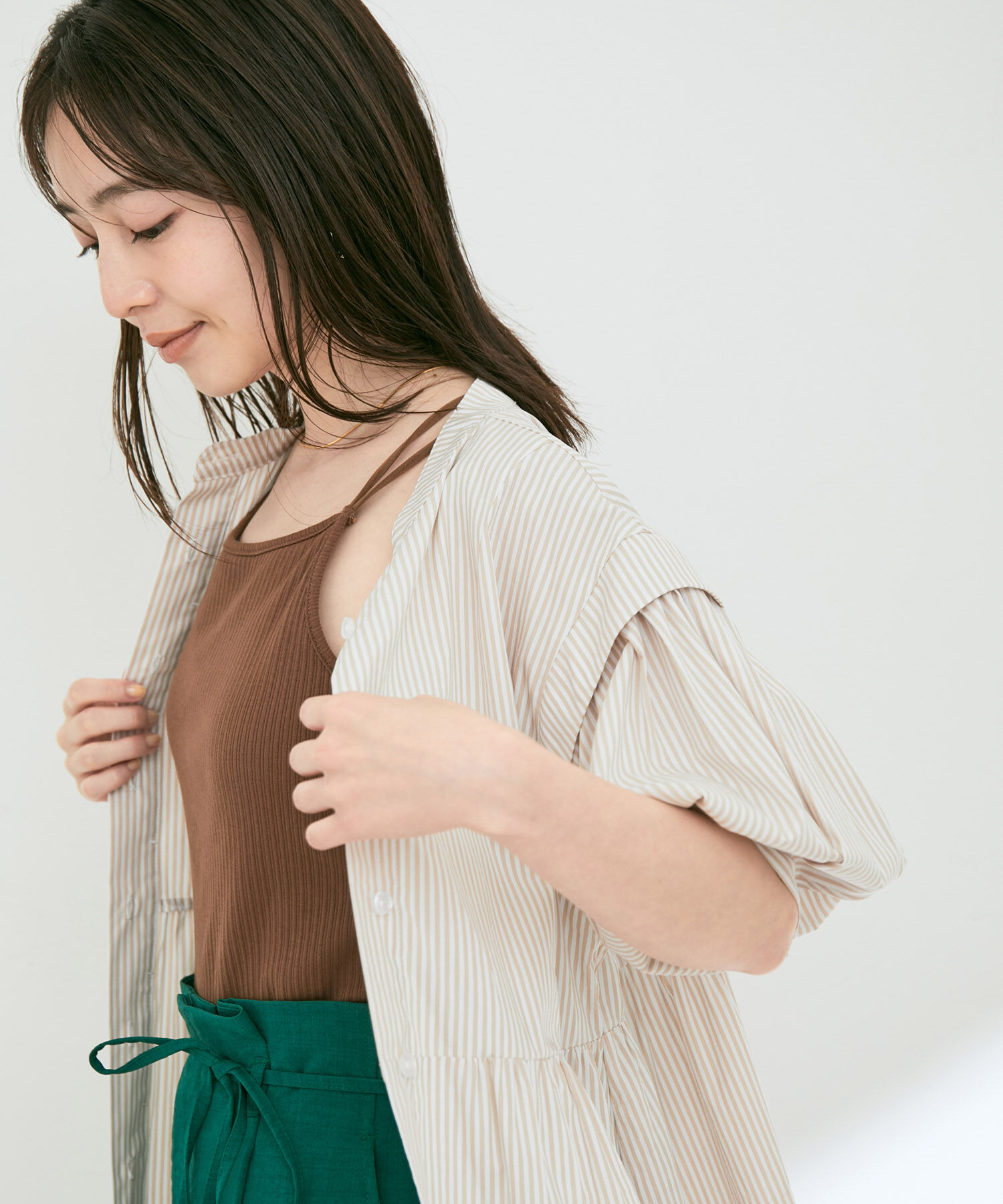 VIS「ストライプ/無地タイプライターチュニックブラウス」|シャツ・ブラウス|