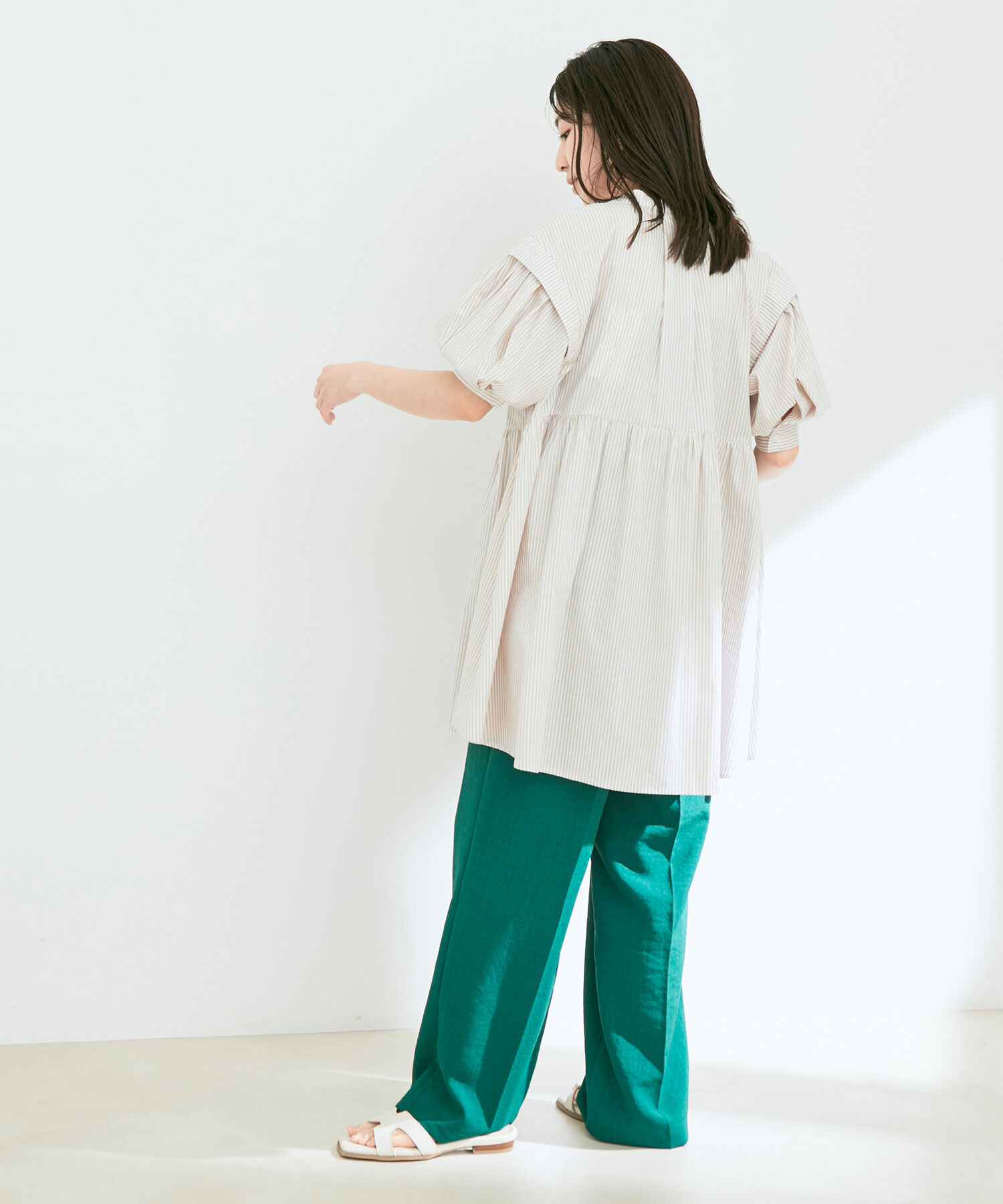 VIS「ストライプ/無地タイプライターチュニックブラウス」|シャツ・ブラウス|