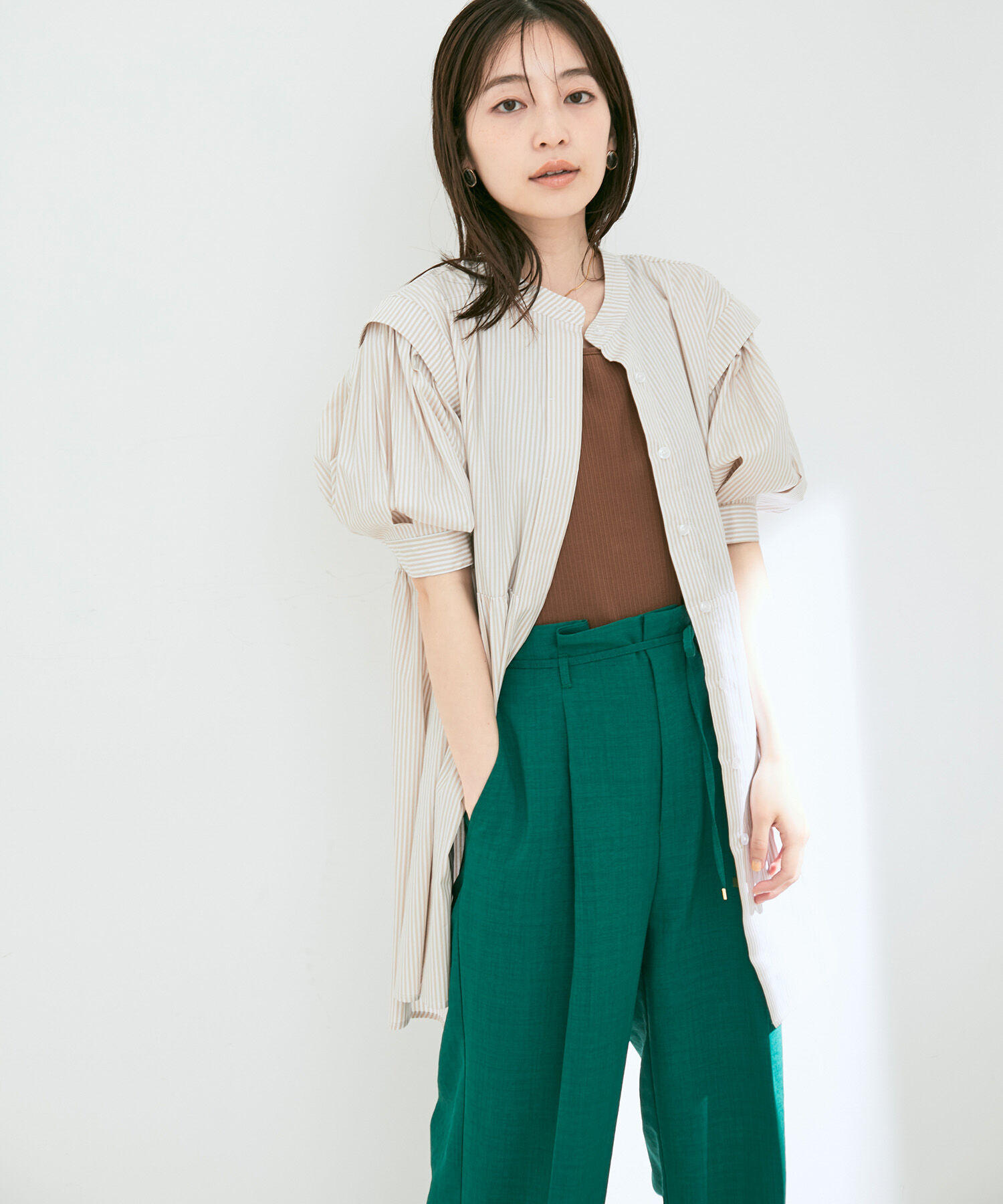 VIS「ストライプ/無地タイプライターチュニックブラウス」|シャツ・ブラウス|