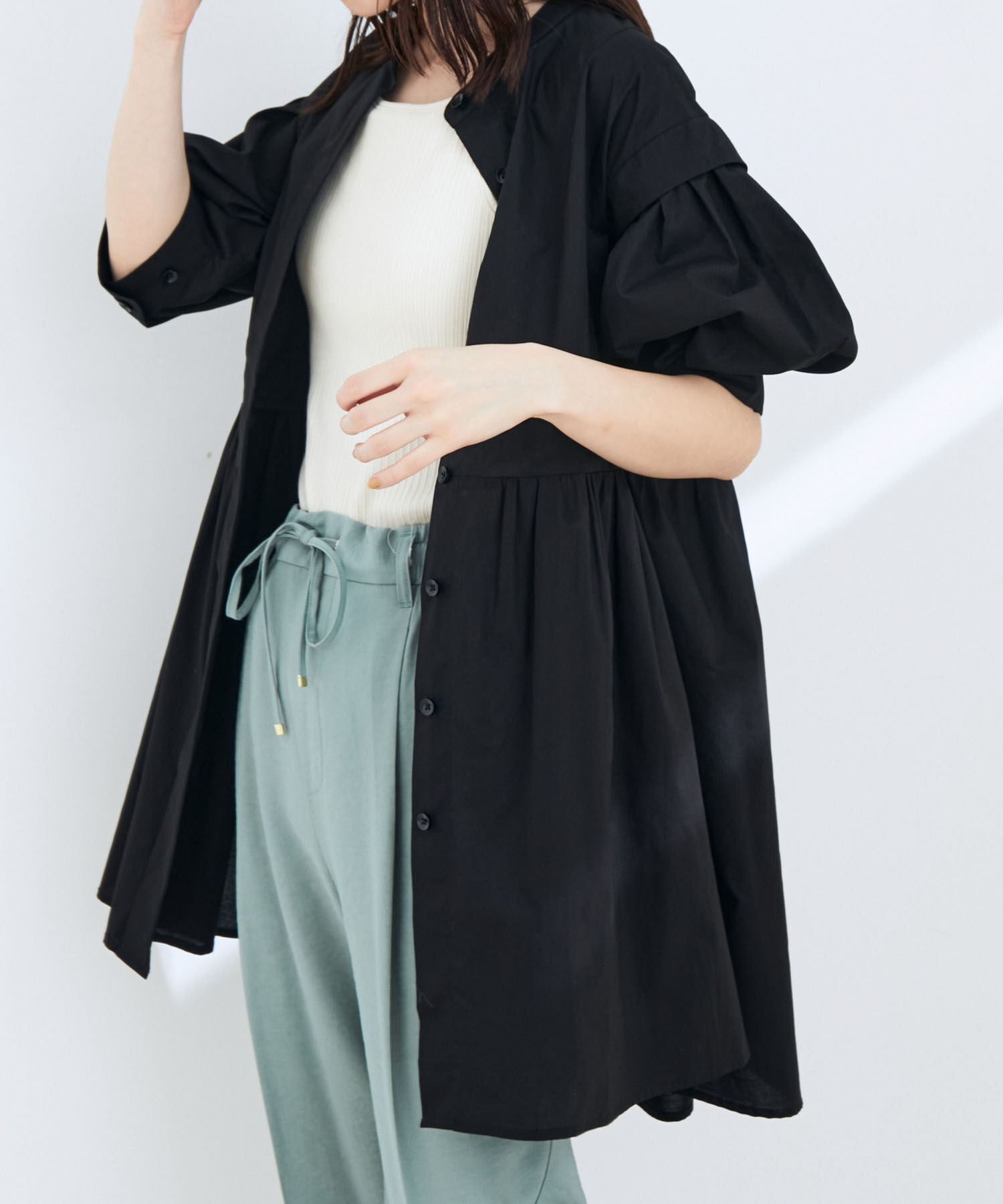 VIS「ストライプ/無地タイプライターチュニックブラウス」|シャツ・ブラウス|