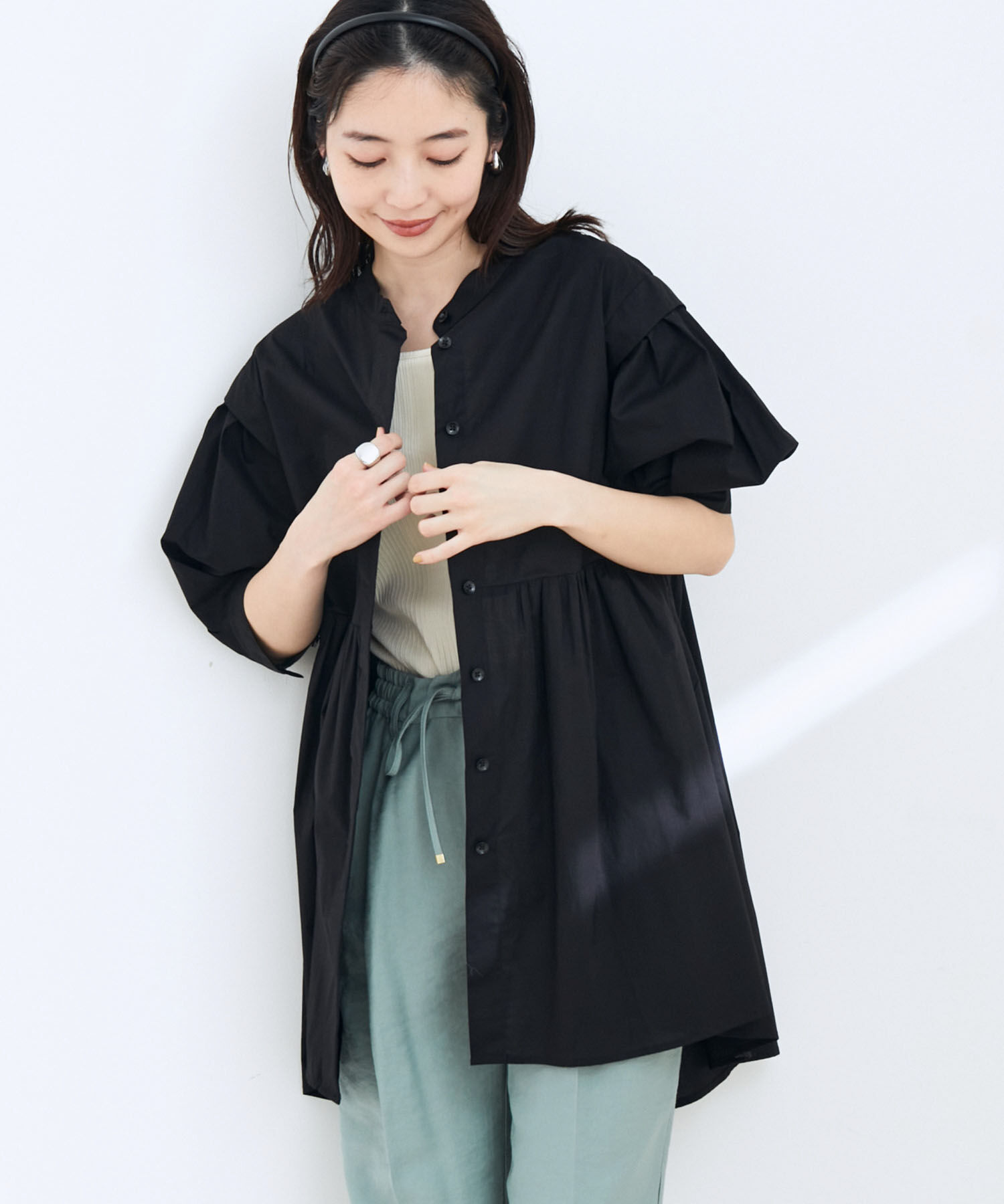 VIS「ストライプ/無地タイプライターチュニックブラウス」|シャツ・ブラウス|