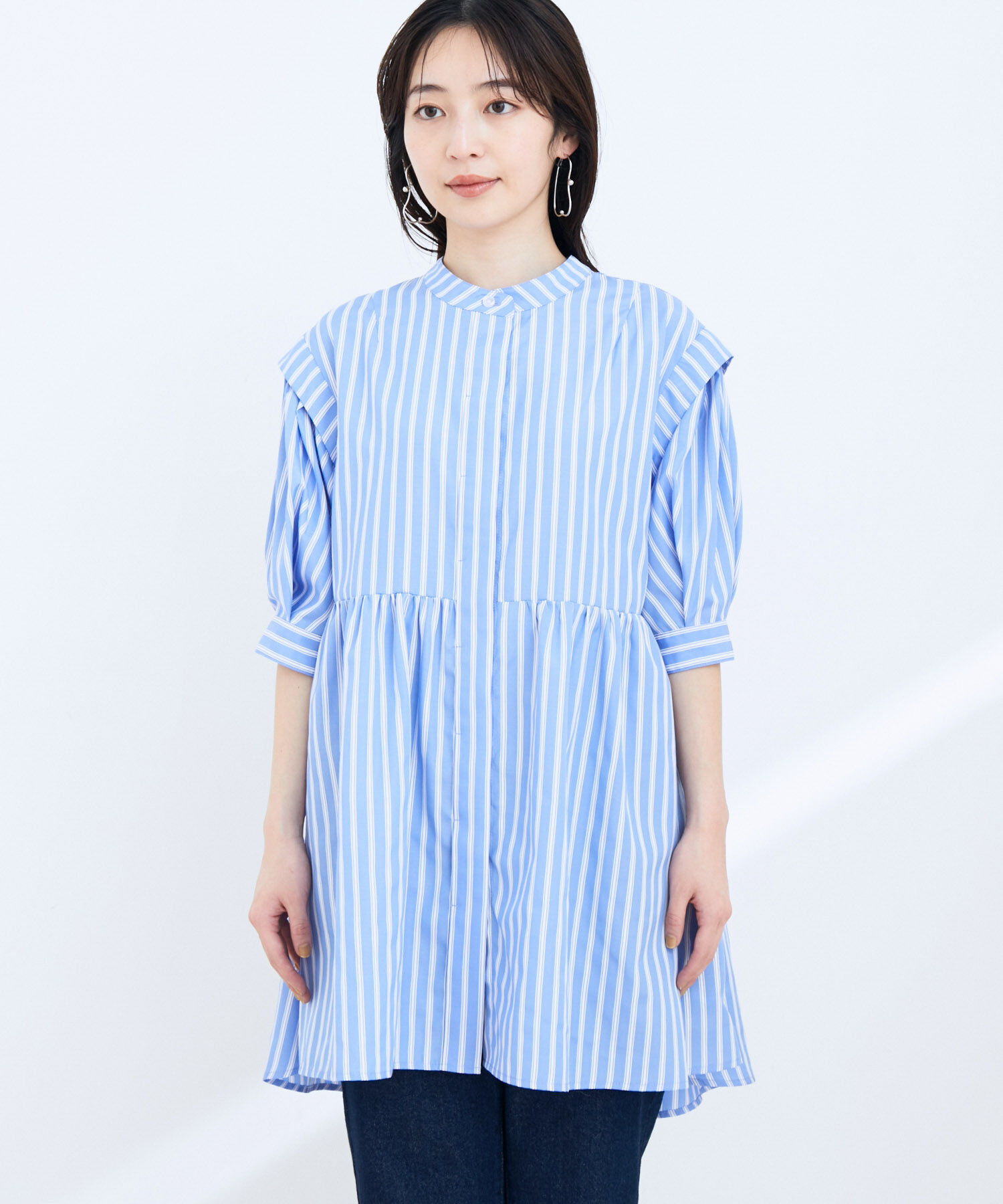 VIS「ストライプ/無地タイプライターチュニックブラウス」|シャツ・ブラウス|