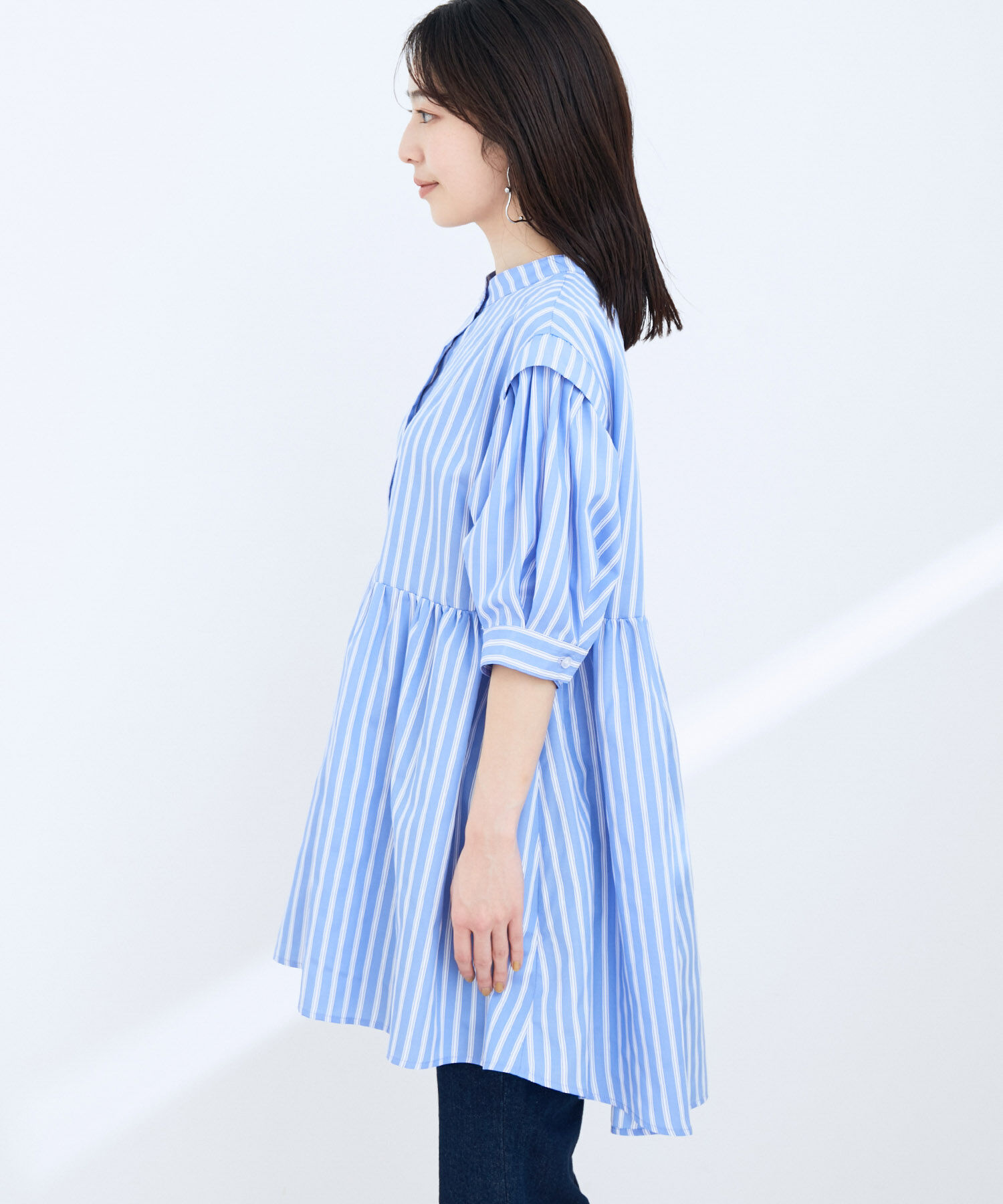 VIS「ストライプ/無地タイプライターチュニックブラウス」|シャツ・ブラウス|