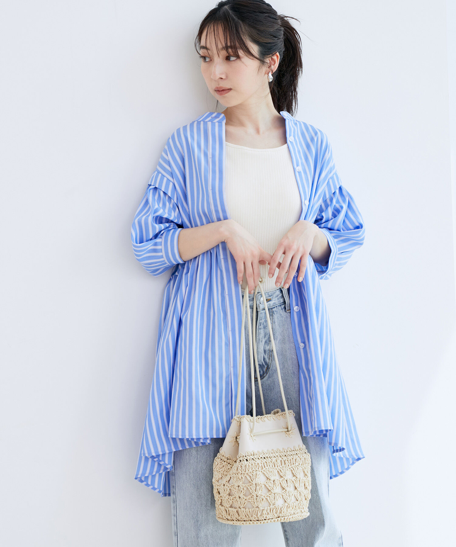 VIS「ストライプ/無地タイプライターチュニックブラウス」|シャツ・ブラウス|