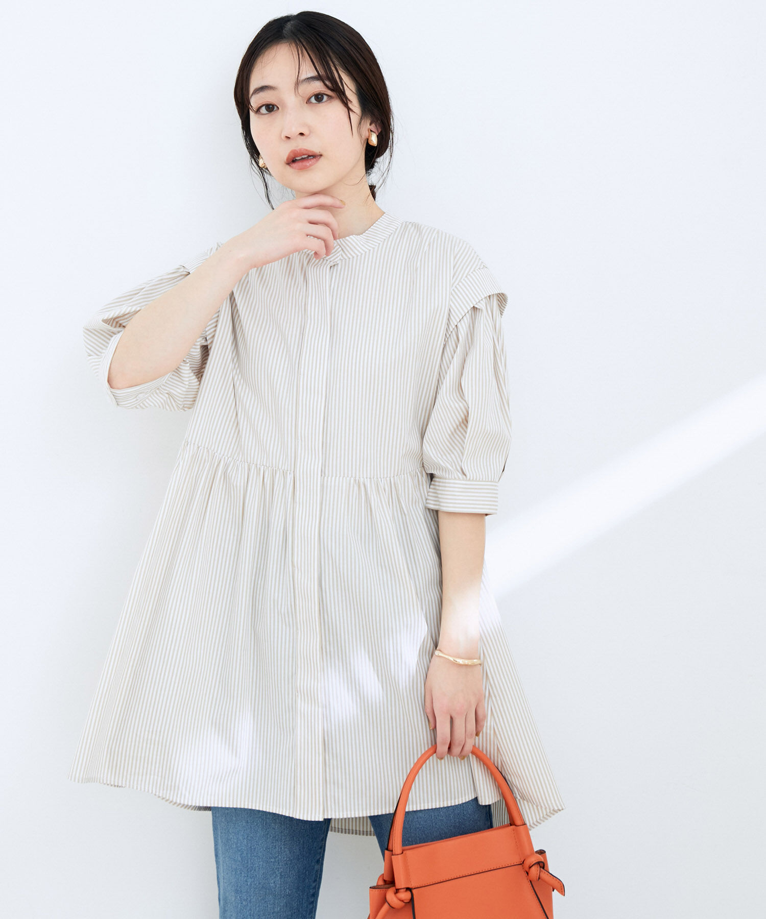 VIS「ストライプ/無地タイプライターチュニックブラウス」|シャツ・ブラウス|