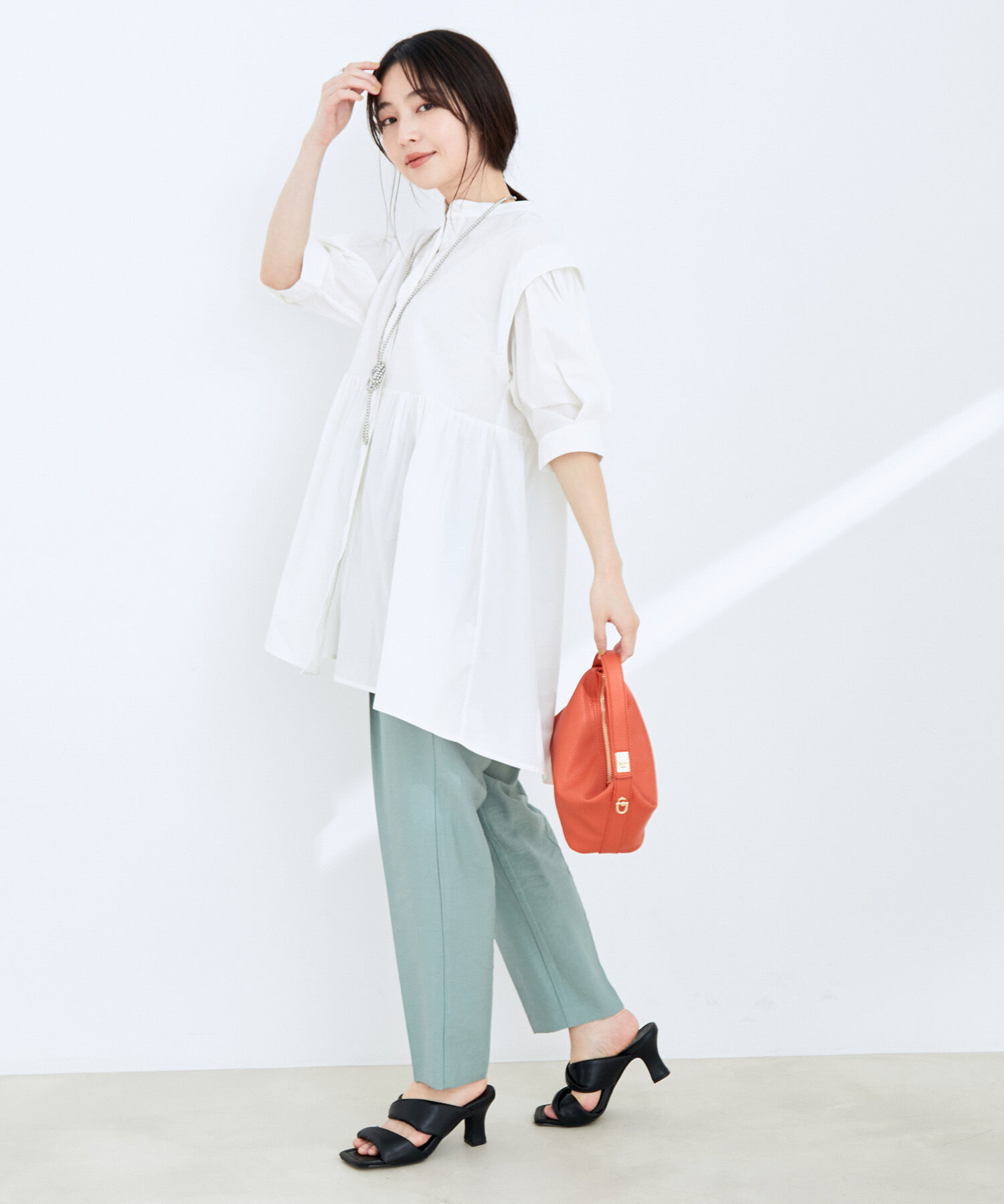 VIS「ストライプ/無地タイプライターチュニックブラウス」|シャツ・ブラウス|