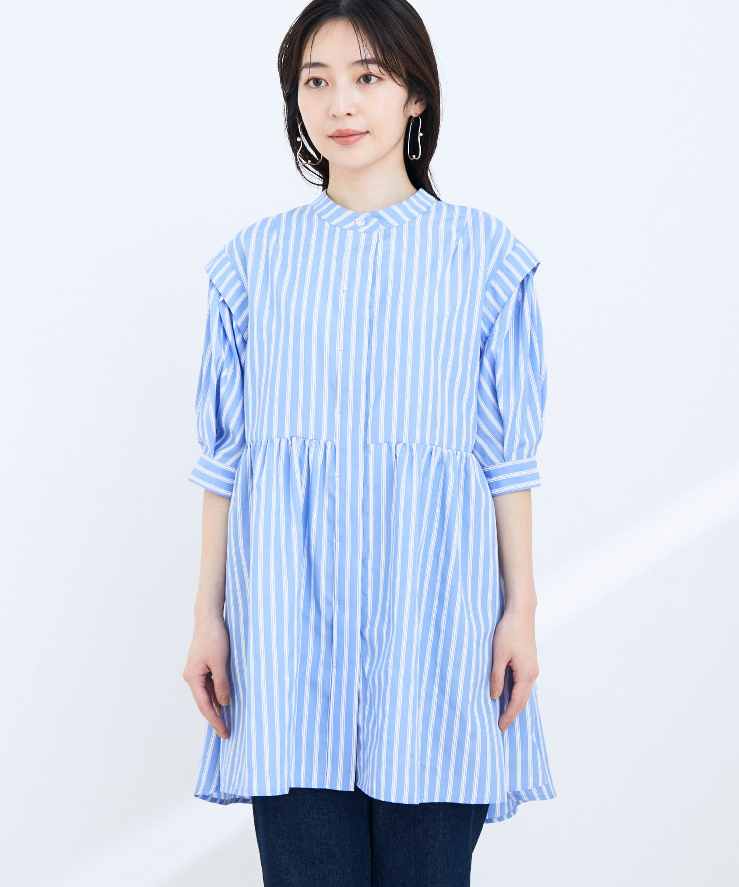VIS「ストライプ/無地タイプライターチュニックブラウス」|シャツ・ブラウス|