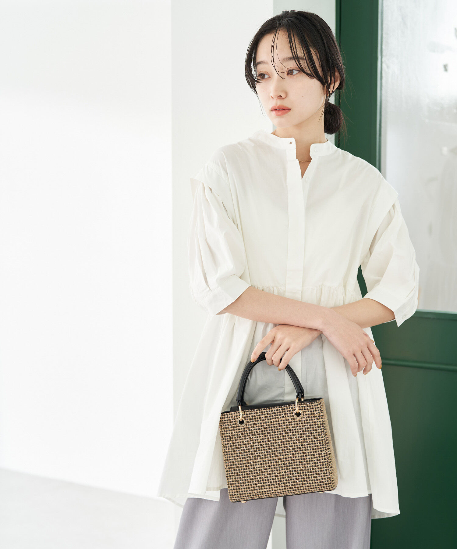 VIS「ストライプ/無地タイプライターチュニックブラウス」|シャツ・ブラウス|