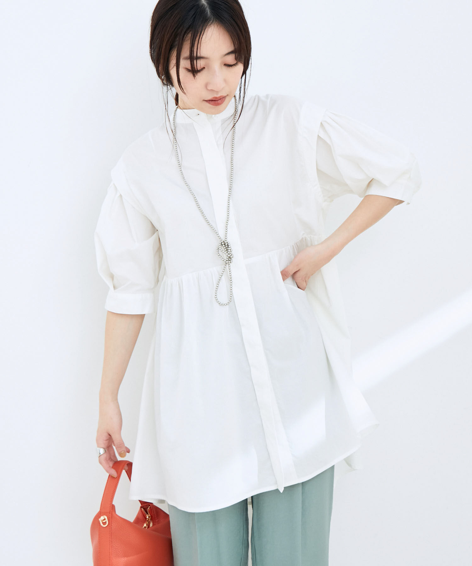 VIS「ストライプ/無地タイプライターチュニックブラウス」|シャツ・ブラウス|