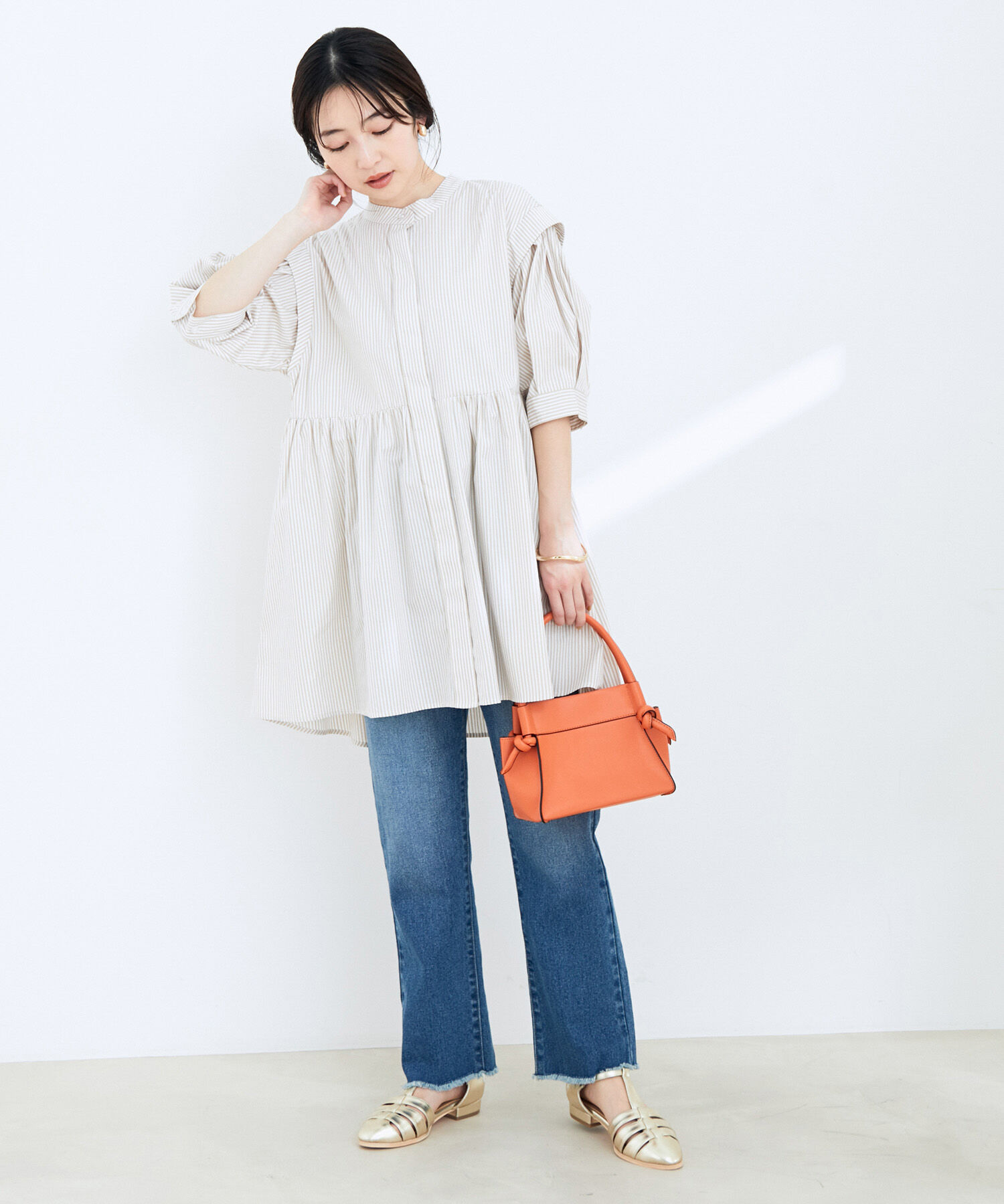 VIS「ストライプ/無地タイプライターチュニックブラウス」|シャツ・ブラウス|