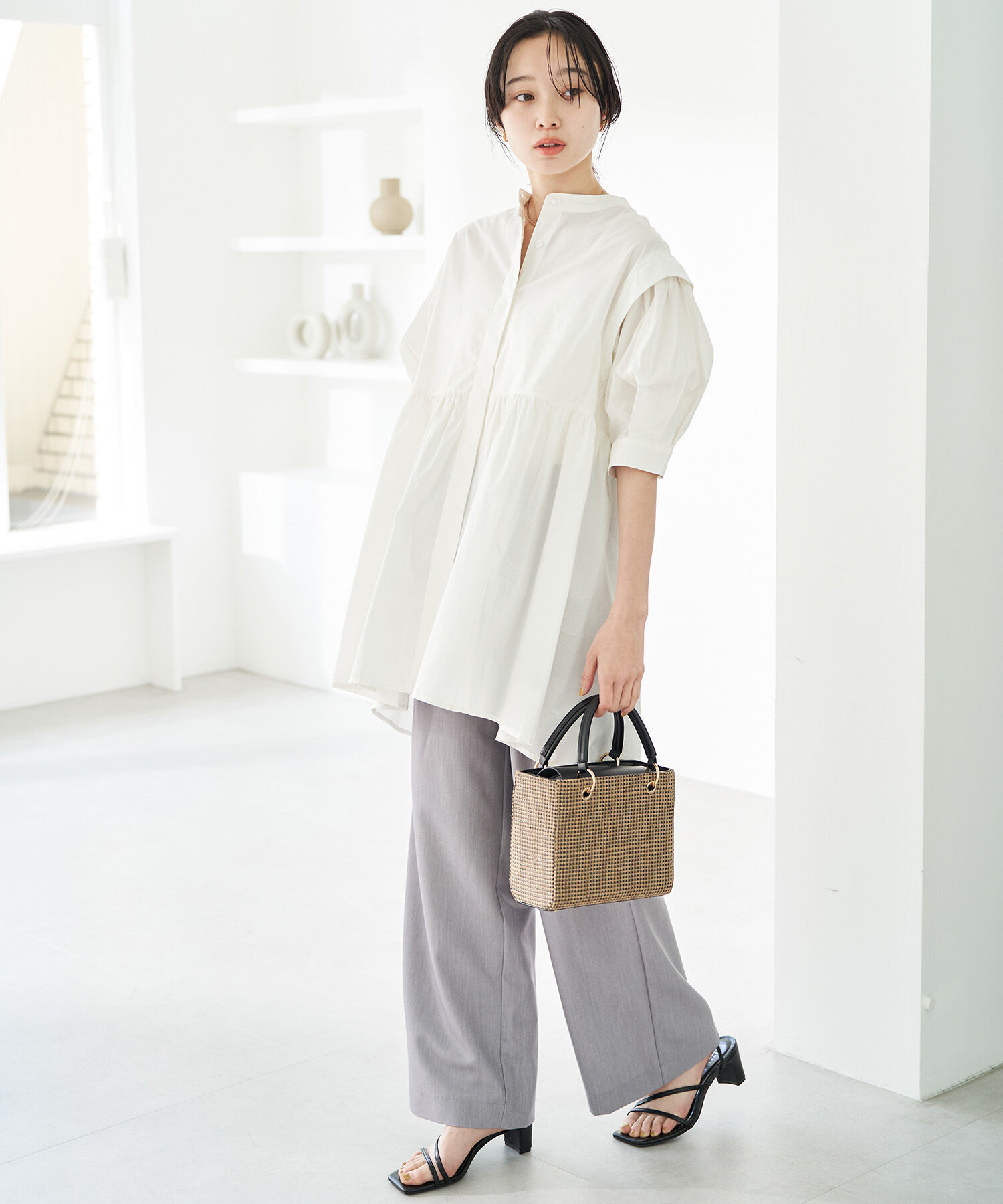 VIS「ストライプ/無地タイプライターチュニックブラウス」|シャツ・ブラウス|