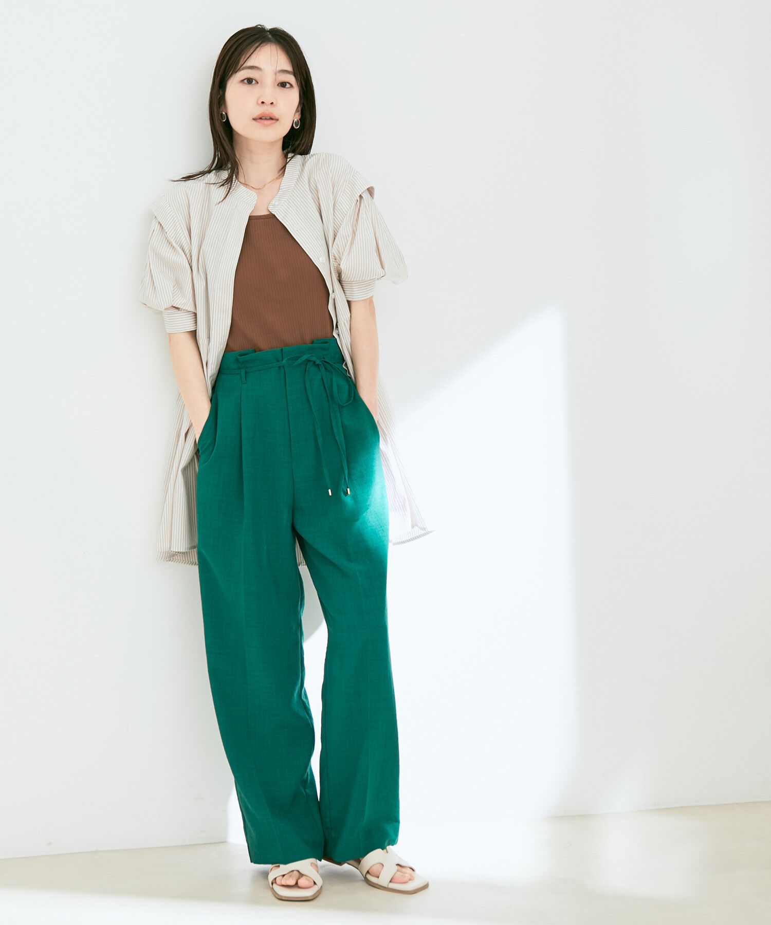 VIS「ストライプ/無地タイプライターチュニックブラウス」|シャツ・ブラウス|