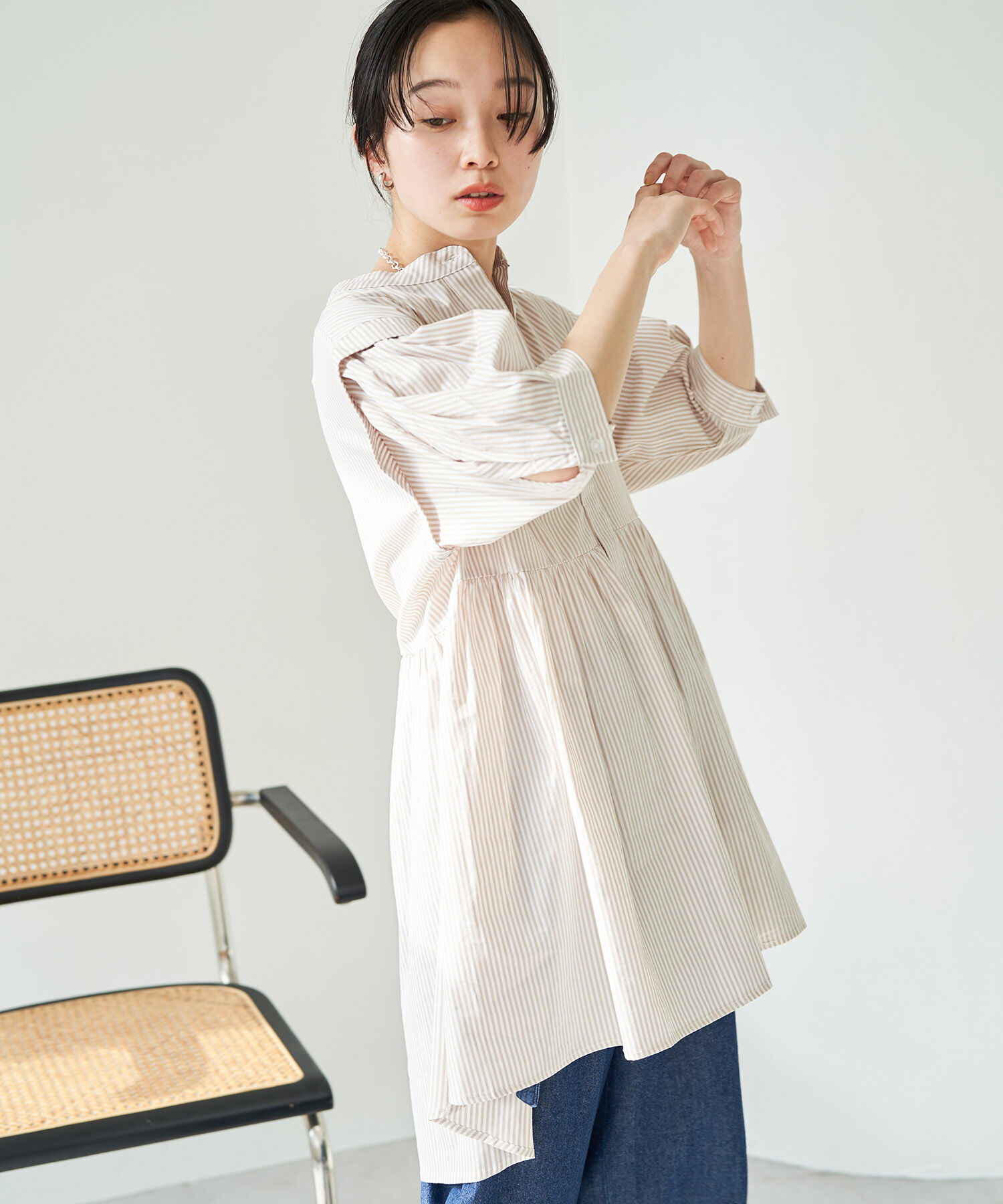 VIS「ストライプ/無地タイプライターチュニックブラウス」|シャツ・ブラウス|