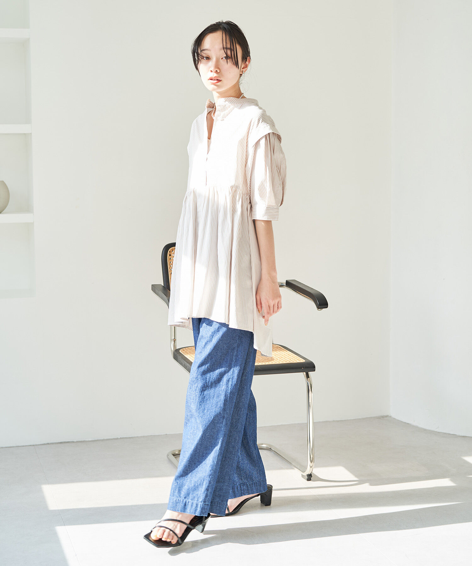 VIS「ストライプ/無地タイプライターチュニックブラウス」|シャツ・ブラウス|