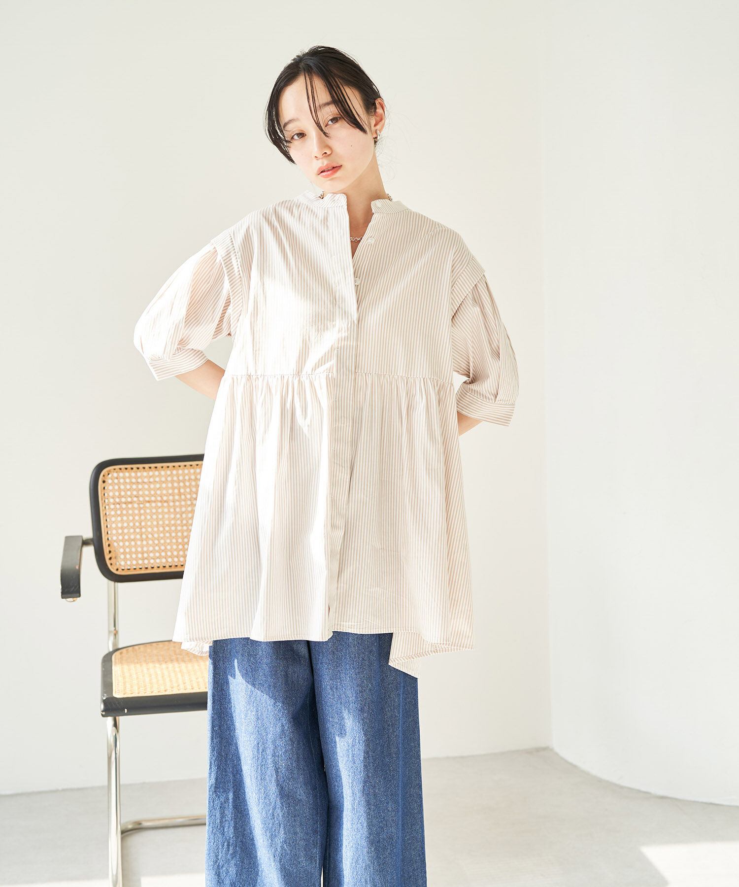 VIS「ストライプ/無地タイプライターチュニックブラウス」|シャツ・ブラウス|