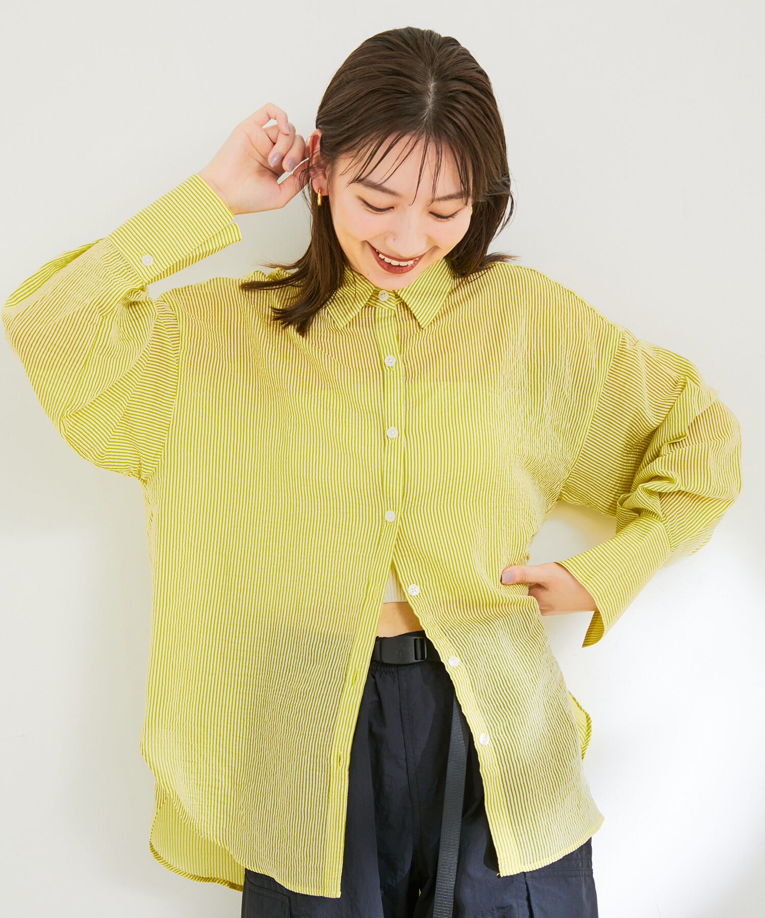 VIS「シアーストライプオーバーサイズシャツ」|シャツ・ブラウス|イエロー系(81)
