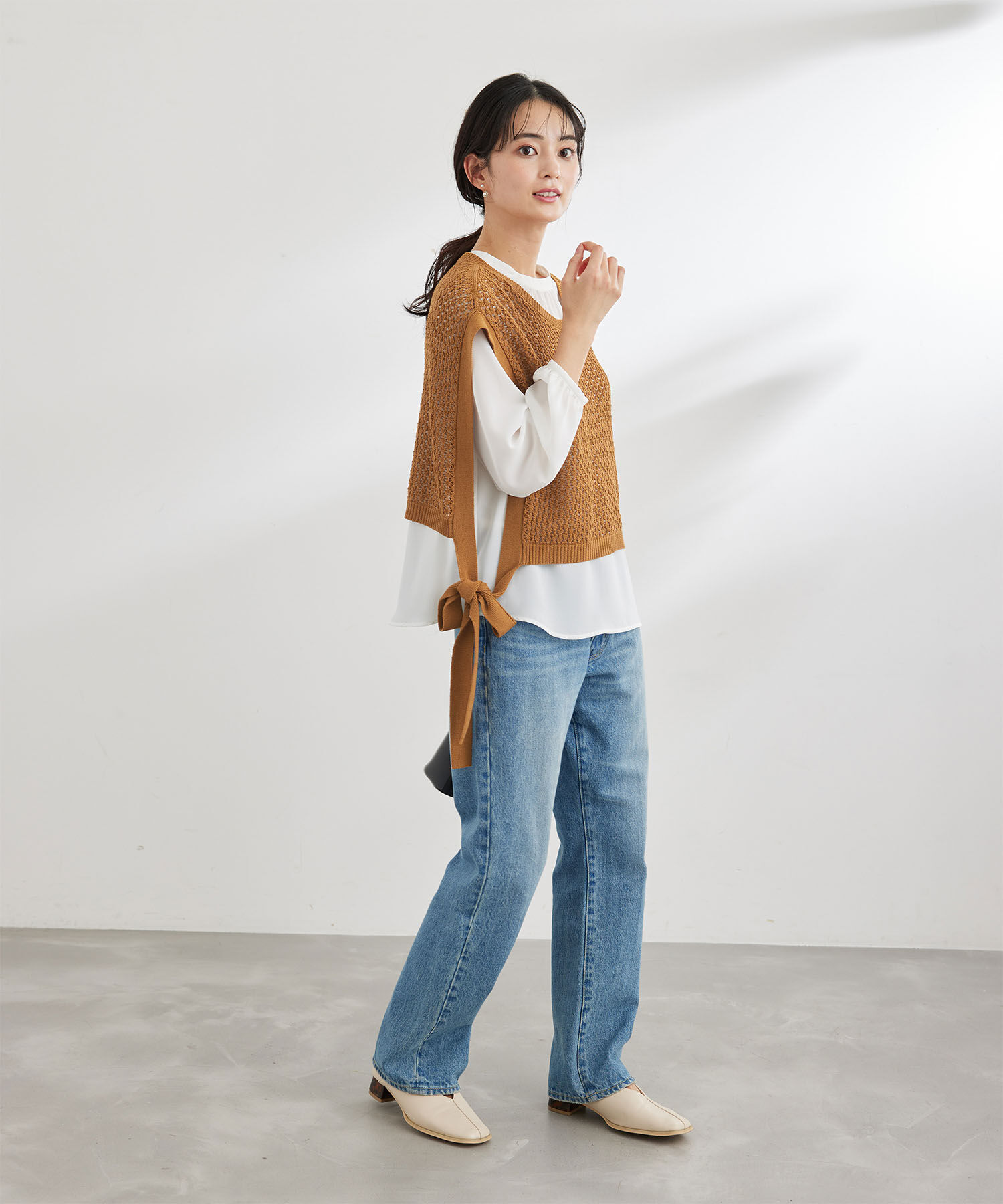 ROPE PICNIC PASSAGE「透かし編みサイドリボンベスト」|ベスト・ジレ|
