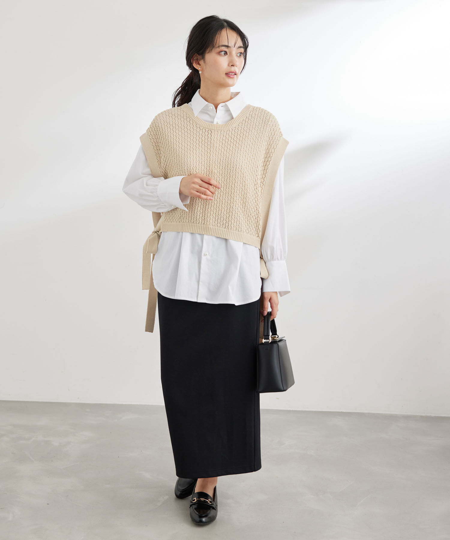 ROPE PICNIC PASSAGE「透かし編みサイドリボンベスト」|ベスト・ジレ|