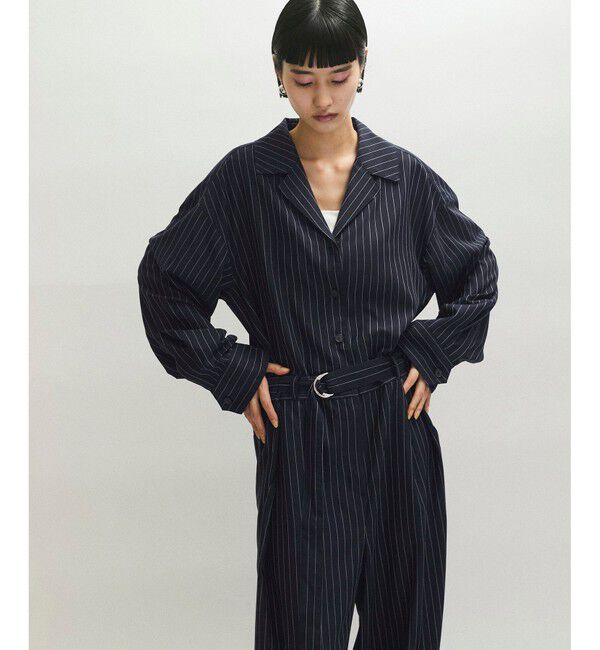 ADAM ET ROPE'「ストライプオープンカラージャンプスーツ」|オールインワン|