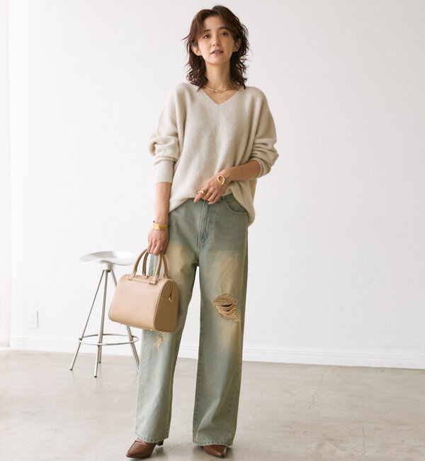  「【抜け感シルエット】ヘアリーウール片畦Vネックニット」|ニット・セーター|