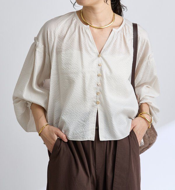  「【着映え】ストライプギャザーブラウス」|シャツ・ブラウス|ベージュ
