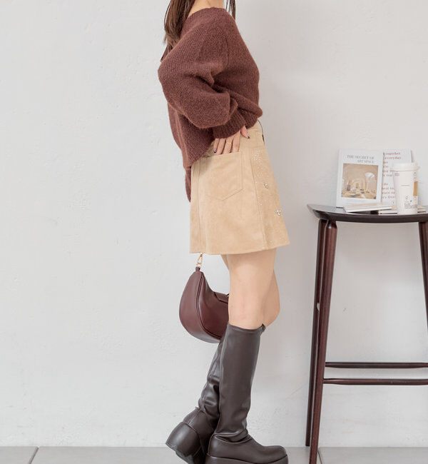  「ビジュー付き台形ミニスカート」|スカート|