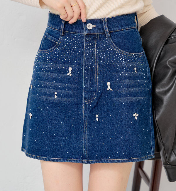  「ビジュー付き台形ミニスカート」|スカート|ネイビー