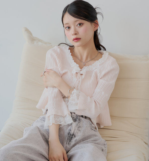  「【7分袖】レースドッキングリブニットカーディガン」|カーディガン|