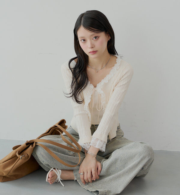  「【7分袖】レースドッキングリブニットカーディガン」|カーディガン|