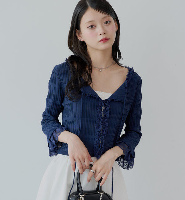  「【7分袖】レースドッキングリブニットカーディガン」|カーディガン|