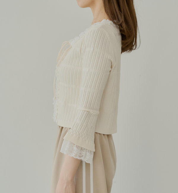  「【7分袖】レースドッキングリブニットカーディガン」|カーディガン|