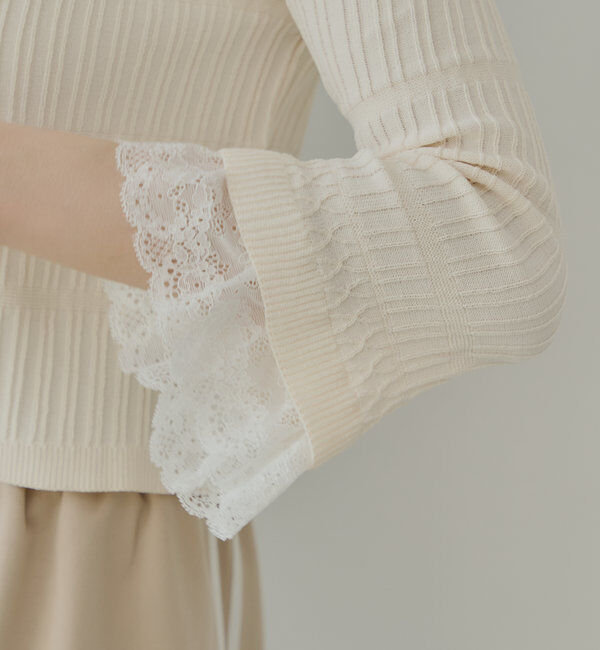  「【7分袖】レースドッキングリブニットカーディガン」|カーディガン|
