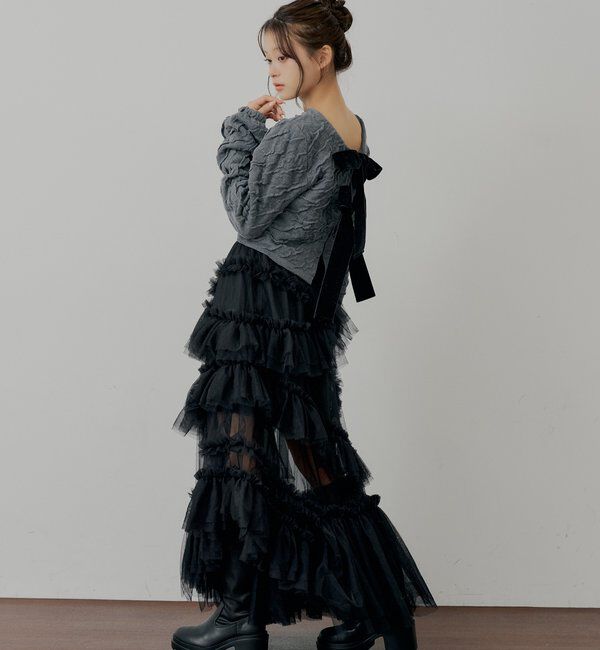  「【SALON by Chico】ランダムチュールフレアスカート」|スカート|ブラック