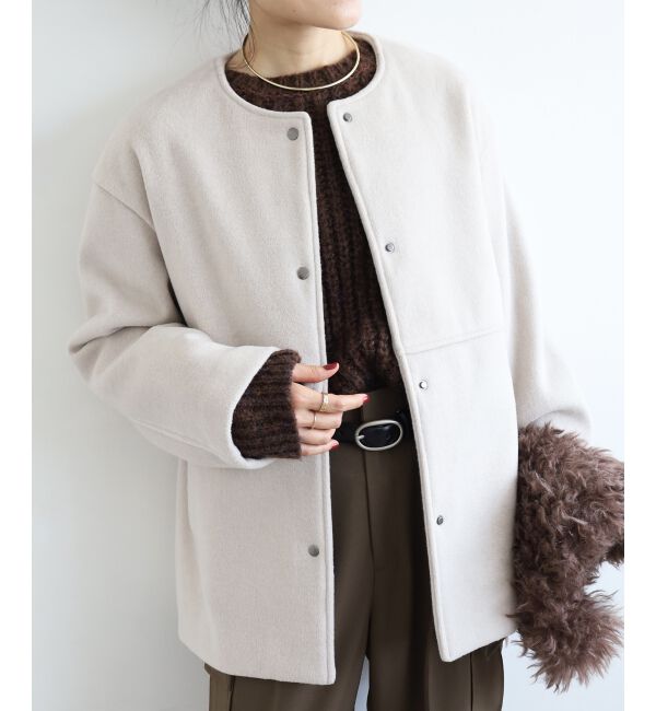  「ニットビーバーノーカラーミドルコート」|ノーカラーコート|