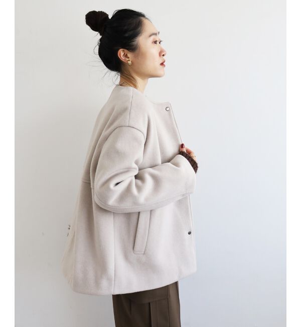  「ニットビーバーノーカラーミドルコート」|ノーカラーコート|