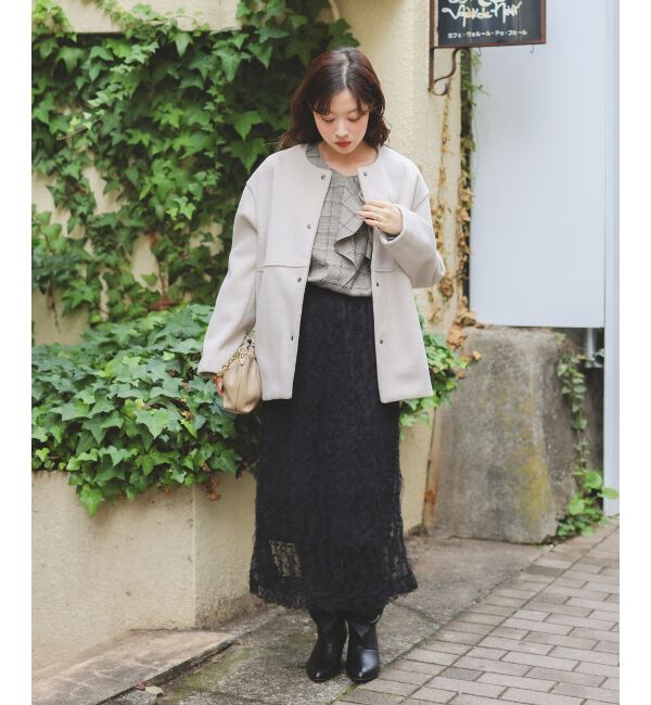  「ニットビーバーノーカラーミドルコート」|ノーカラーコート|