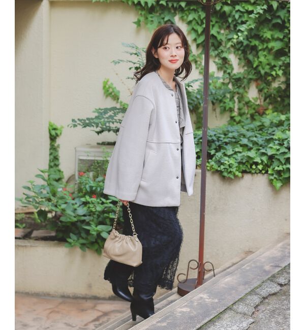  「ニットビーバーノーカラーミドルコート」|ノーカラーコート|